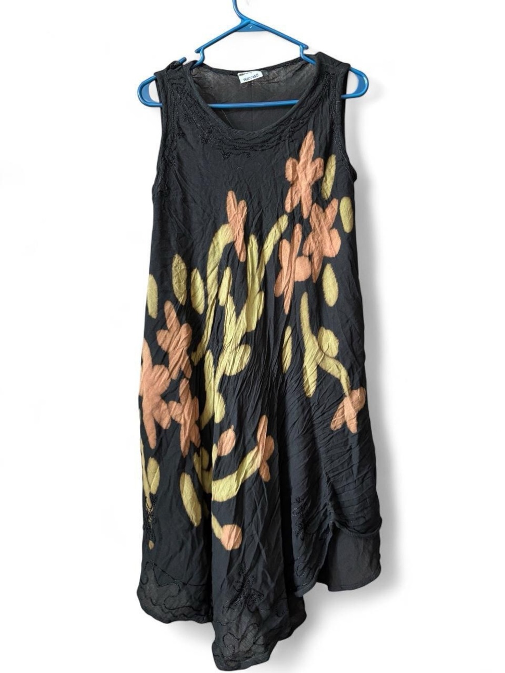 Sleeveless Black Floral Print Midi Dress with Peach & Lemon Accents